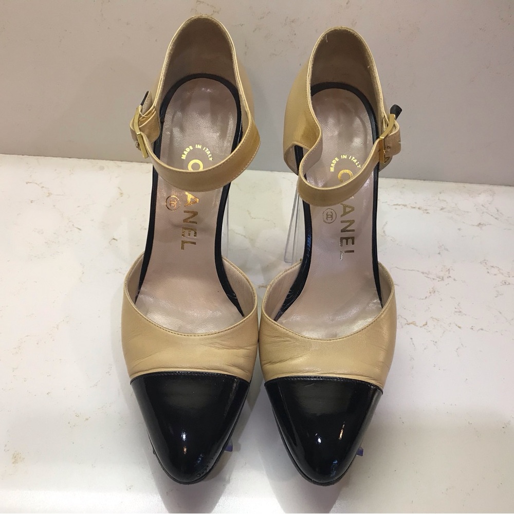 CHANEL Black and Beige Heels with Classic Cap Toe